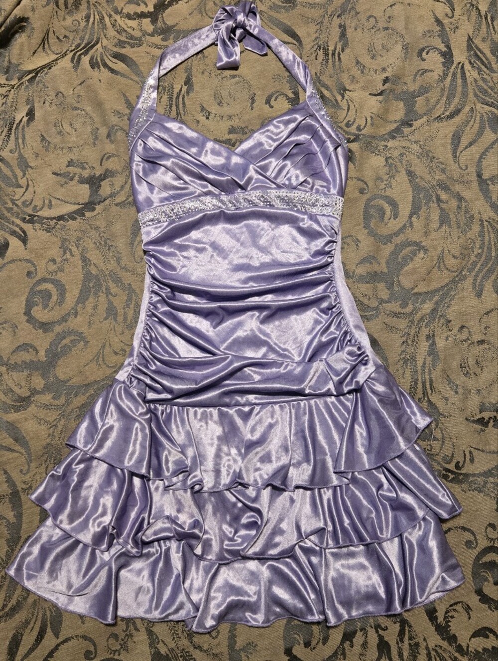 Trixxi Vintage Y2K Purple Satin Ruffle Halter Mini Dress
